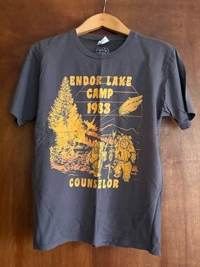 Star Wars Charcoal Tee with Yellow Endor Lake Camp 1983 Graphic